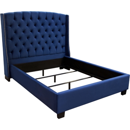Majestic Queen Tufted Bed in Royal Navy Velvet with Nail Head Wing Accents
