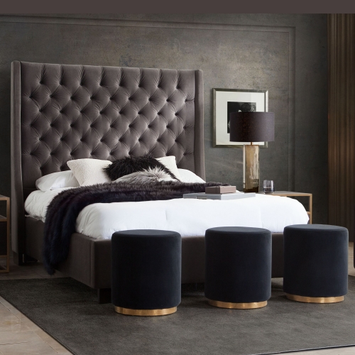 Park Avenue King Bed with Tall Diamond Tufted Headboard in Smoke Grey Velvet