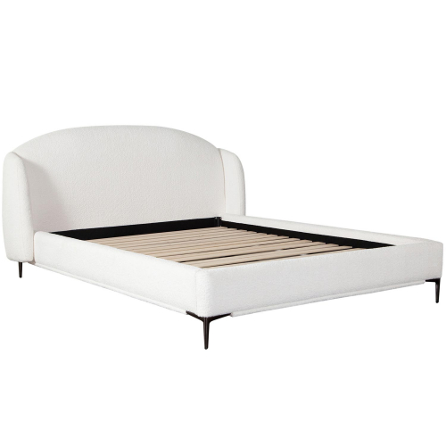 Path Low Profile Queen Bed in White Faux Shearling Fabric & Black Metal