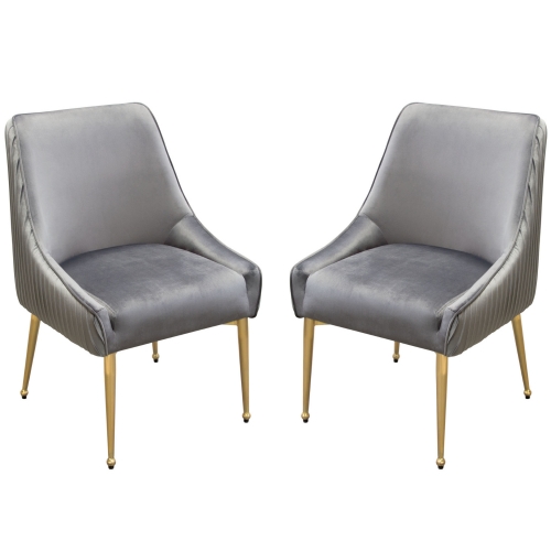 Quinn Dining Chair in Pleated Grey Velvet & Brushed Gold (Set of 2)