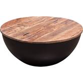 Salem Round Drum Storage Cocktail Table in Wood & Black Metal