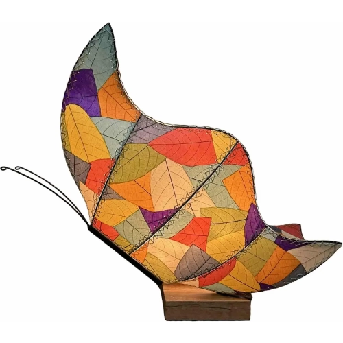 Butterfly Large Table Lamp in Multicolor Cocoa Leaves, Metal & Wood