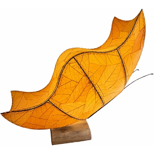 Butterfly Large Table Lamp in Orange Cocoa Leaves, Metal & Wood
