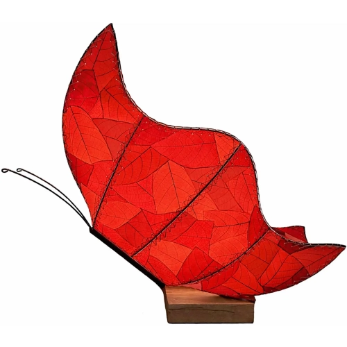 Butterfly Large Table Lamp in Red Cocoa Leaves, Metal & Wood