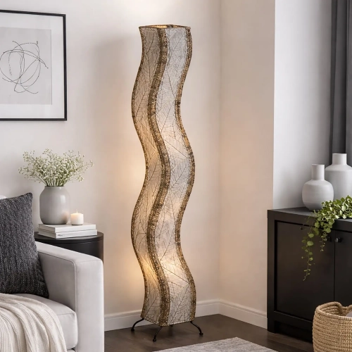 Wave 72" H Giant Floor Lamp in Gray Cocoa Leaves & Abaca Rope