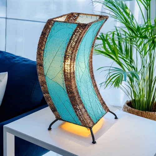 C Shape Table Lamp in Sea Blue Cocoa Leaf & Abaca Rope