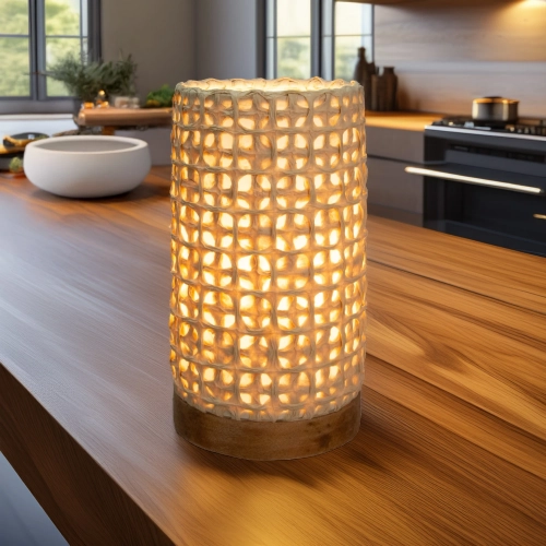 Paper Cylinder Table Lamp with Mesh Shade on Driftwood Base (Mini)