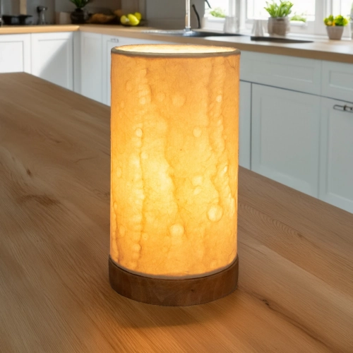 Paper Cylinder Table Lamp with Wave Shade on Driftwood Base (Mini)