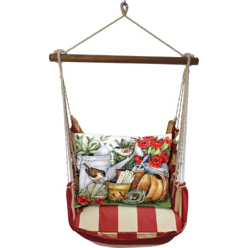 Outdoor Swing 4 Piece Set in Americana Stripe w/ Watering Can & Flowers Pillow in Sundure Fabric