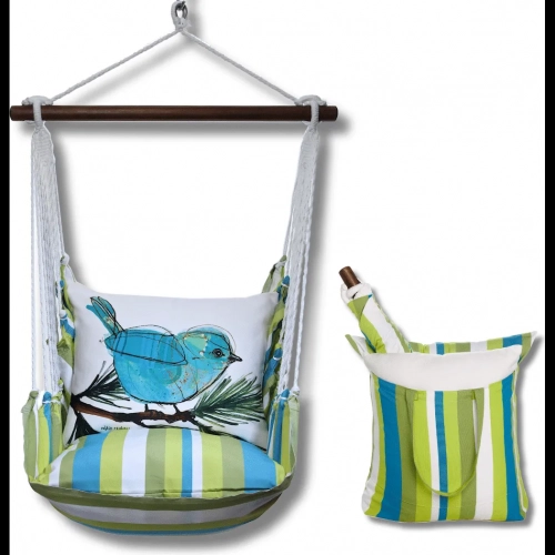 Outdoor Swing 4 Piece Set in Beach Boulevard Stripe w/ Blue Bird on Branch Pillow in Sundure Fabric