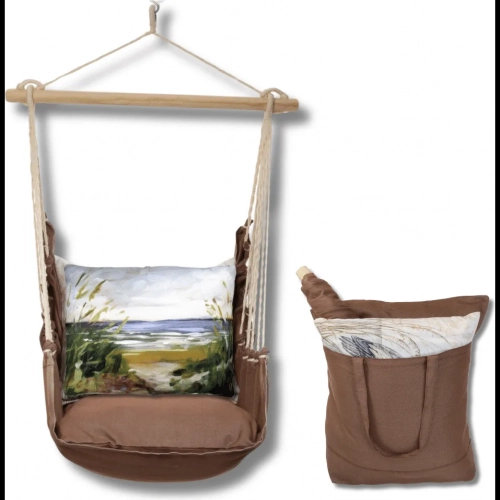 Outdoor Swing 4 Piece Set in Chocolate Brown w/ Beach Path Pillow in Sundure Fabric