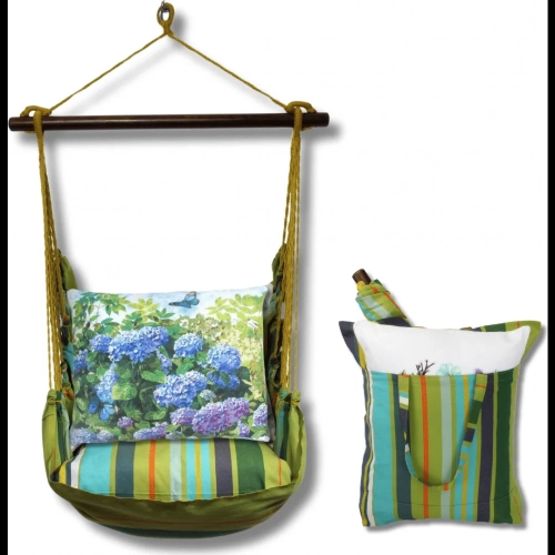 Outdoor Swing 4 Piece Set in Citrus Stripe w/ Hydrangeas & Butterfly Pillow in Sundure Fabric