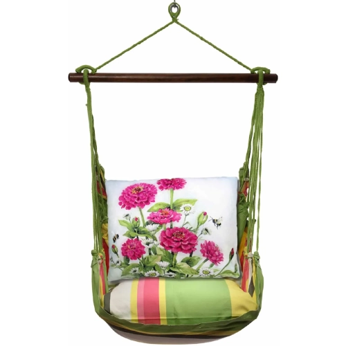 Outdoor Swing 4 Piece Set in Fresh Lime Stripe w/ Zinnias Pink Pillow in Sundure Fabric