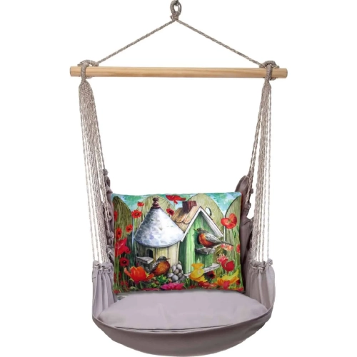Outdoor Swing 4 Piece Set in Gray w/ Birdhouse & Dome Pillow in Sundure Fabric