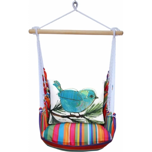 Outdoor Swing 4 Piece Set in Le Jardin Stripe w/ Blue Bird on Branch Pillow in Sundure Fabric