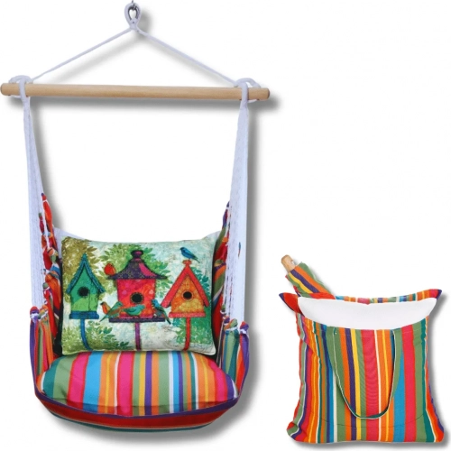 Outdoor Swing 4 Piece Set in Le Jardin Stripe with 3 Birdhouses Pillow in Sundure Fabric