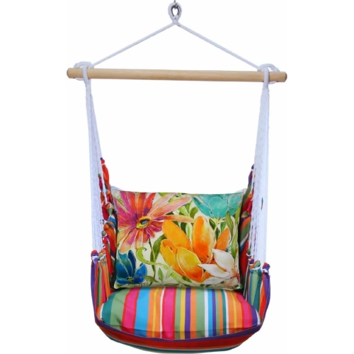 Outdoor Swing 4 Piece Set in Le Jardin Stripe w/ Tropical 1 Pillow in Sundure Fabric