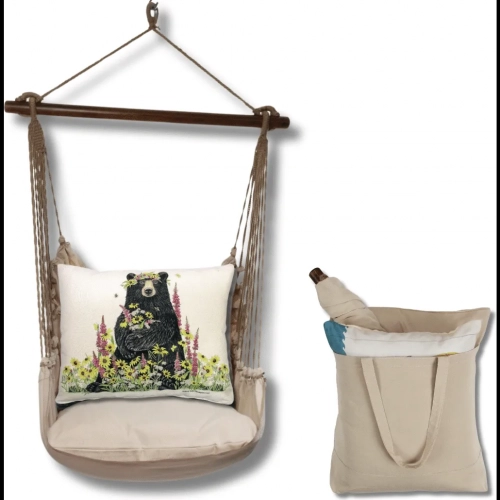 Outdoor Swing 4 Piece Set in Latte Natural w/ Wildflower Bear Pillow in Sundure Fabric