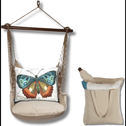 Outdoor Swing 4 Piece Set in Latte Natural w/ Butterfly M2 Pillow in Sundure Fabric