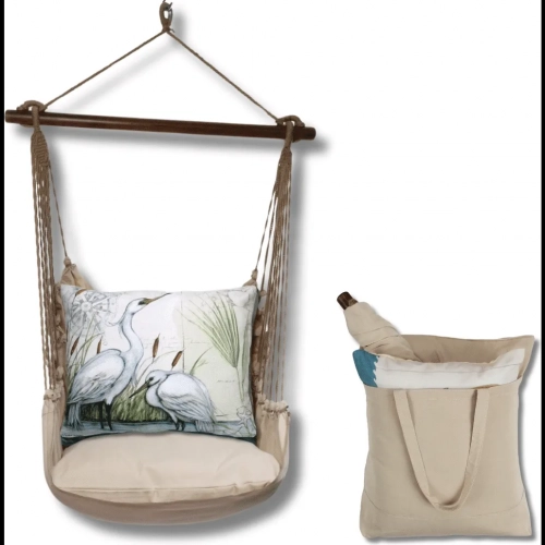 Outdoor Swing 4 Piece Set in Latte Natural w/ Heron Pair Pillow in Sundure Fabric