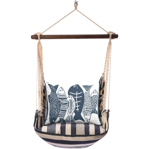 Outdoor Swing 4 Piece Set in Marina Blue Stripe w/ Fish Pillow in Sundure Fabric