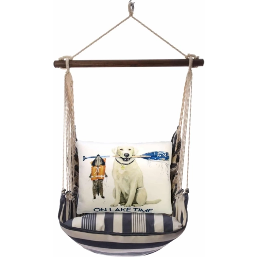 Outdoor Swing 4 Piece Set in Marina Blue Stripe w/ Lake Time Pillow in Sundure Fabric