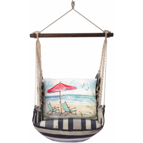 Outdoor Swing 4 Piece Set in Marina Blue Stripe w/ Teal Beach Chairs Pillow in Sundure Fabric