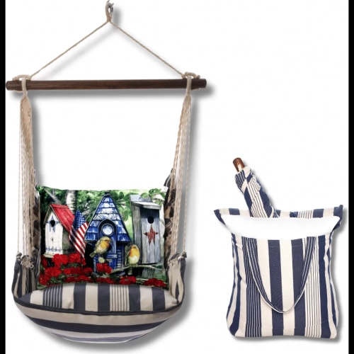 Outdoor Swing 4 Piece Set in Marina Blue Stripe w/ Americana Birdhouse Pillow in Sundure Fabric