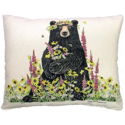 Outdoor Pillow Wildflower & Bear in Natural, Black, Green & Yellow Pattern 19 x 24