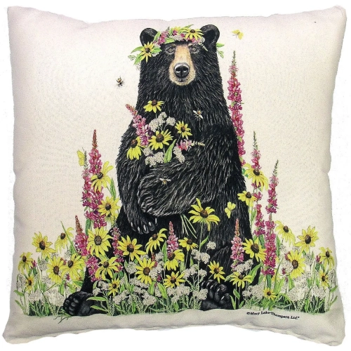 Outdoor Pillow Wildflower & Bear in Natural, Black, Green & Yellow Pattern 18 x 18
