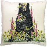 Outdoor Pillow Wildflower & Bear in Natural, Black, Green & Yellow Pattern 18 x 18