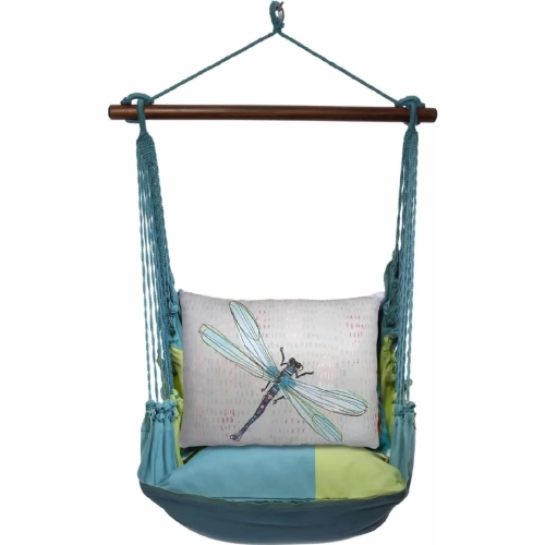 Outdoor Swing 4 Piece Set in Meadow Mist Blue Stripe w/ Dragonfly Blue Pillow in Sundure Fabric