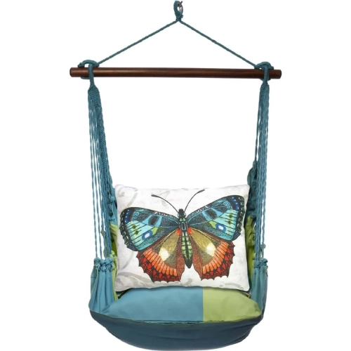 Outdoor Swing 4 Piece Set in Meadow Mist Blue Stripe w/ Butterfly M2 Pillow in Sundure Fabric