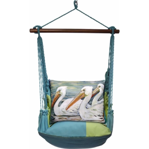 Outdoor Swing 4 Piece Set in Meadow Mist Stripe w/ 3 Pelicans Swimming Pillow in Sundure Fabric