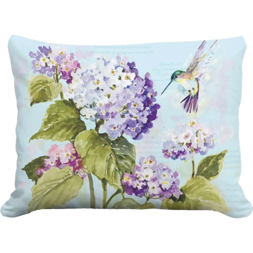 Outdoor Pillow Hummingbird w/ Hydrangea in Green, Natural & Pink Pattern 19 x 24