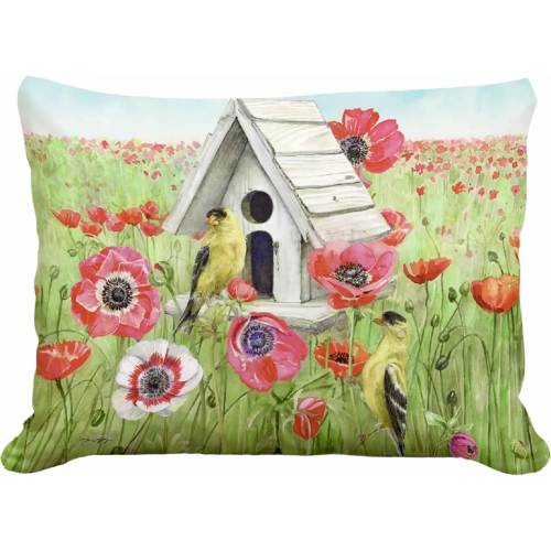 Outdoor Pillow Yellow Birds & Poppy Field in Green, Pink & White Pattern 19 x 24
