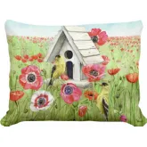 Outdoor Pillow Yellow Birds & Poppy Field in Green, Pink & White Pattern 19 x 24