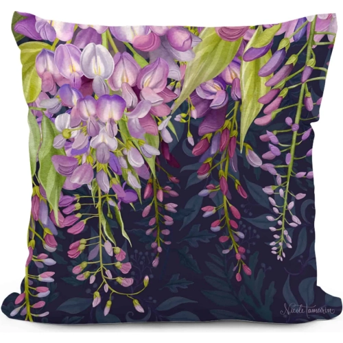Outdoor Pillow Midnight Garden Wisteria in Black, Green & Pink Pattern 18 x 18