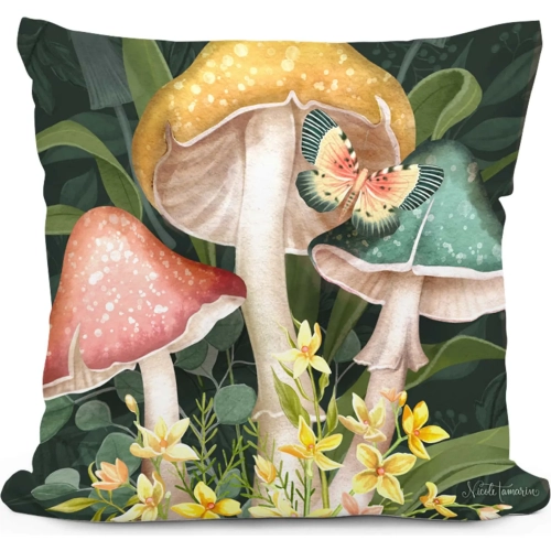 Outdoor Pillow Mushroom Trio in Green, Red, Yellow & Sea Blue Pattern 18 x 18