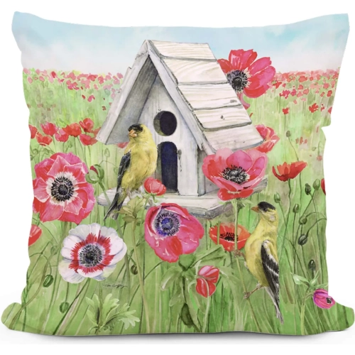 Outdoor Pillow Yellow Birds & Poppy Field in Green, Pink & White Pattern 18 x 18