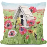 Outdoor Pillow Yellow Birds & Poppy Field in Green, Pink & White Pattern 18 x 18