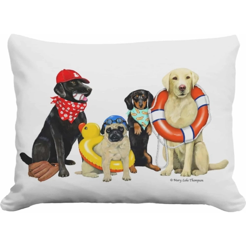 Outdoor Pillow Dogs of Summer in White, Black, Brown & Red Pattern 13 x 18