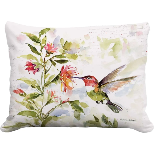 Outdoor Pillow Hummingbird w/ Hanging Plant 2 in Pink, Green & Blue Pattern 13 x 18