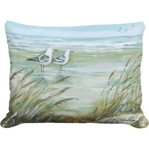Outdoor Pillow Seagulls on Beach in Sea Blue, Green & White Pattern 13 x 18