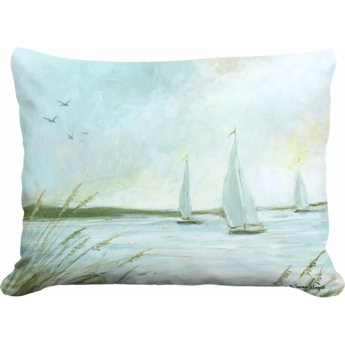 Outdoor Pillow Sailboats in Sea Blue, Green & White Pattern 13 x 18