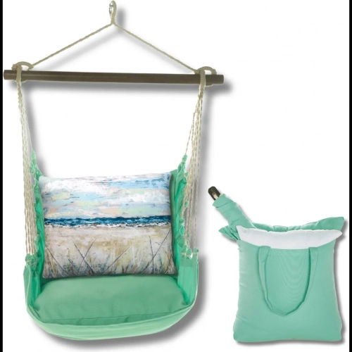 Outdoor Swing 4 Piece Set in Seafoam Green w/ Coastal Landscape 2 Pillow in Sundure Fabric