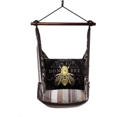 Outdoor Swing 4 Piece Set in Slate Gray Stripe with Vintage Bee on Black Pillow in Sundure Fabric