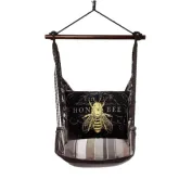 Outdoor Swing 4 Piece Set in Slate Gray Stripe with Vintage Bee on Black Pillow in Sundure Fabric