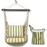 Outdoor Swing 4 Piece Set in Summer Palms Green Stripe with Palms Green Stripe Pillow in Fabric
