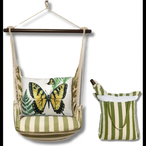 Outdoor Swing 4 Piece Set in Summer Palms Green Stripe with Beautiful Butterfly Pillow in Fabric